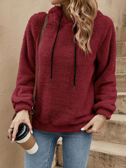 [Women's Teddy Hoodie] Women's Solid Color Teddy Hoodie - Casual Long Sleeve Drawstring Hooded Sweatshirt - Clothing