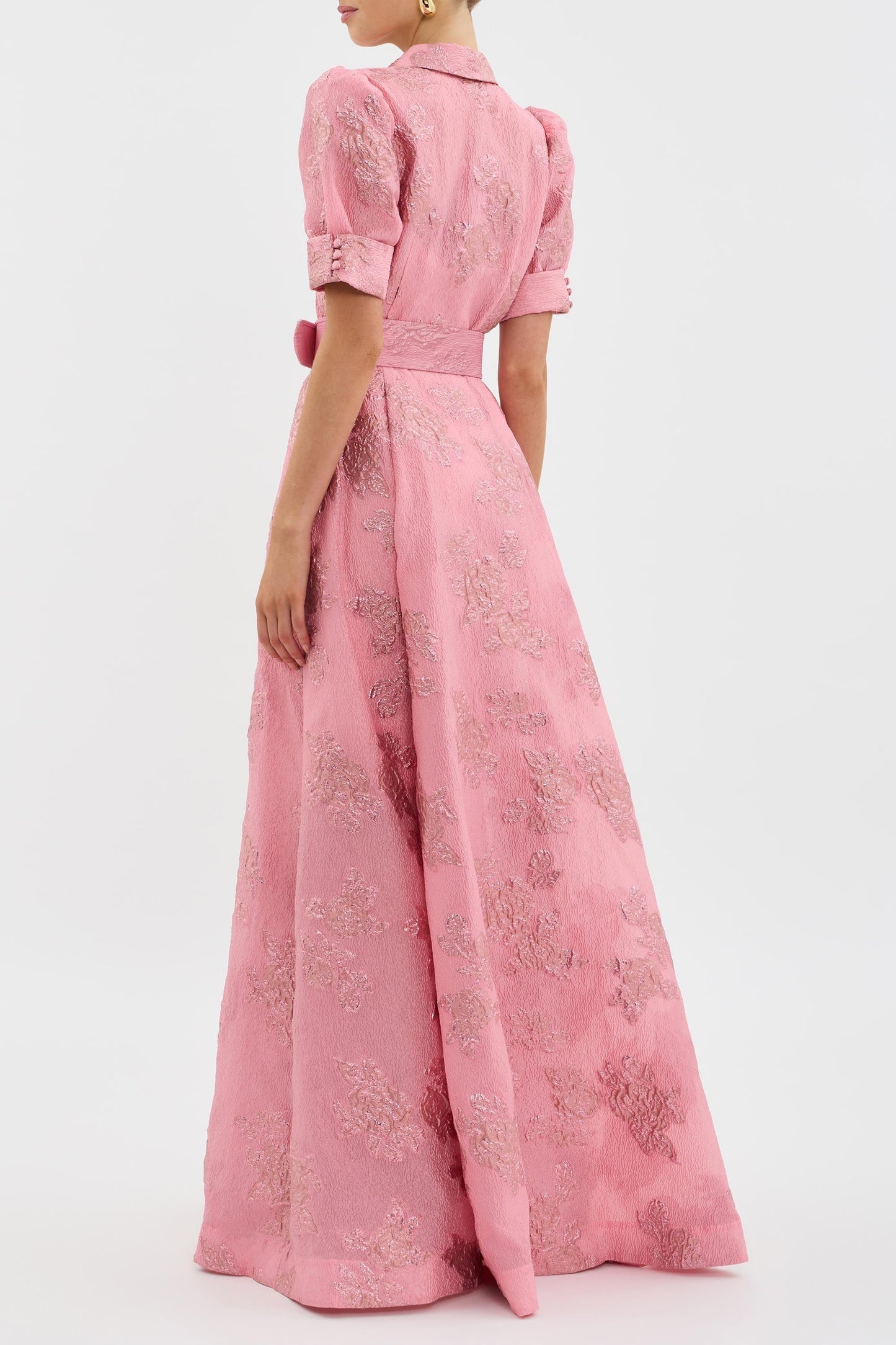 Elegant Pink Floral Jacquard Maxi Dress for Women with Collar Puff Sleeve Belted Formal Wedding Guest Style