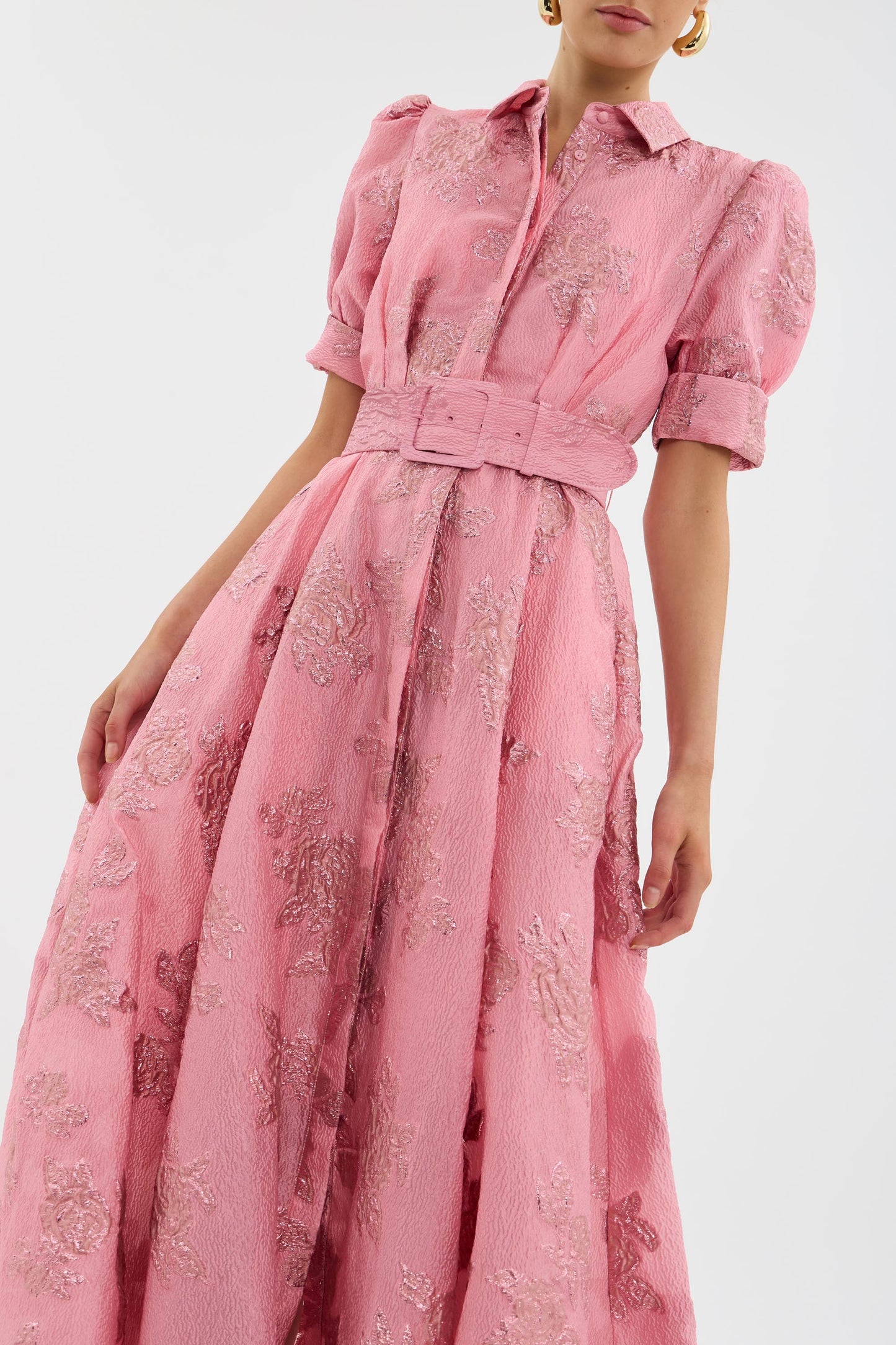 Elegant Pink Floral Jacquard Maxi Dress for Women with Collar Puff Sleeve Belted Formal Wedding Guest Style