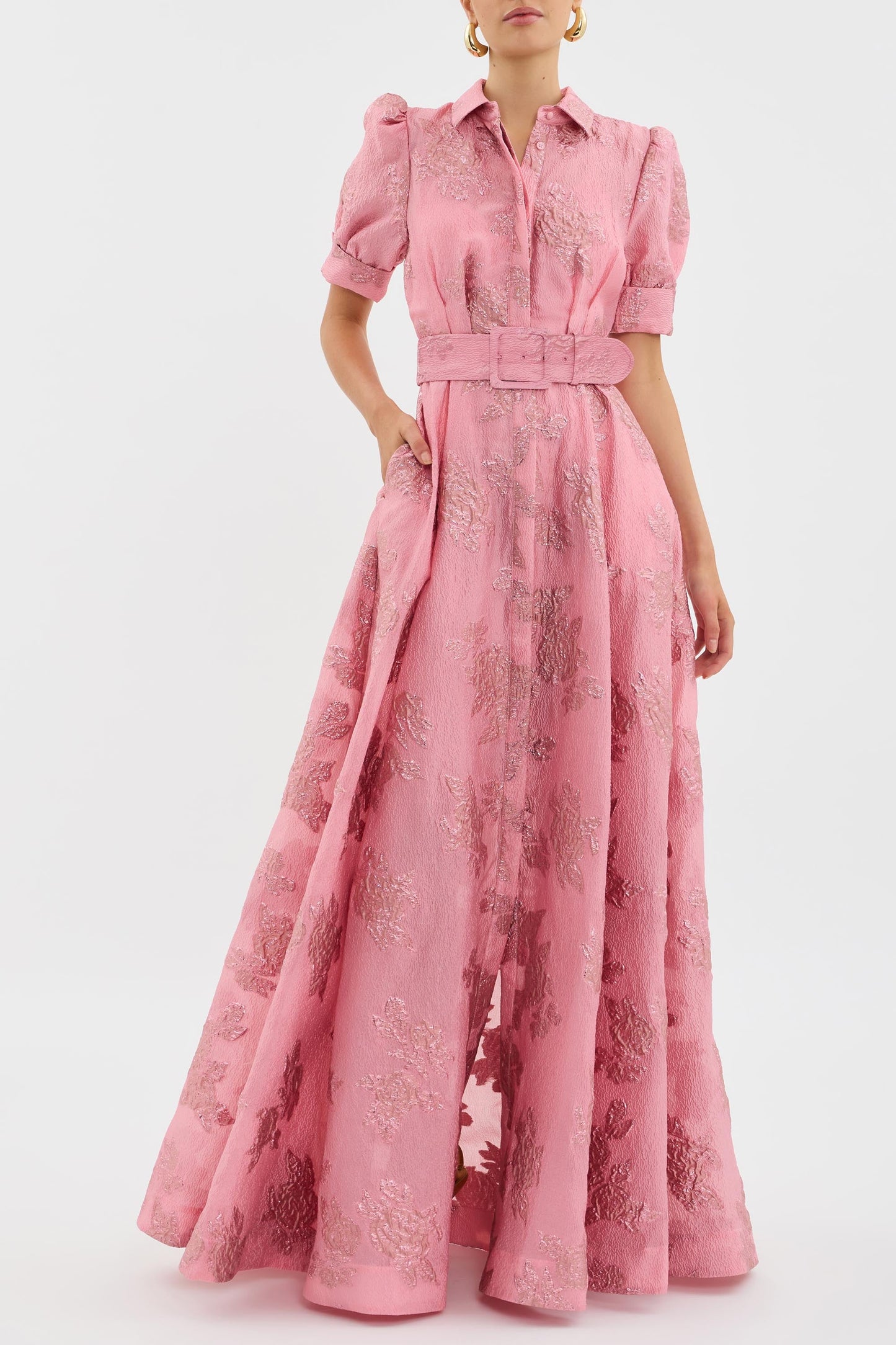 Elegant Pink Floral Jacquard Maxi Dress for Women with Collar Puff Sleeve Belted Formal Wedding Guest Style