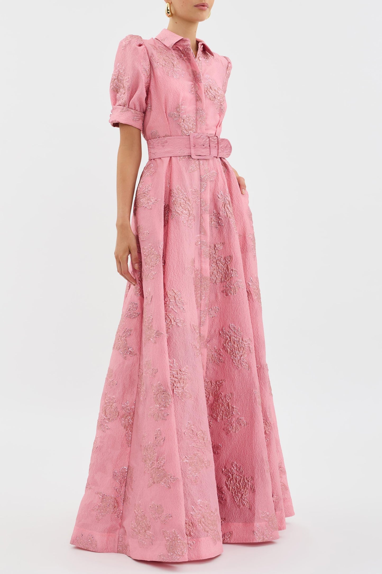 Elegant Pink Floral Jacquard Maxi Dress for Women with Collar Puff Sleeve Belted Formal Wedding Guest Style