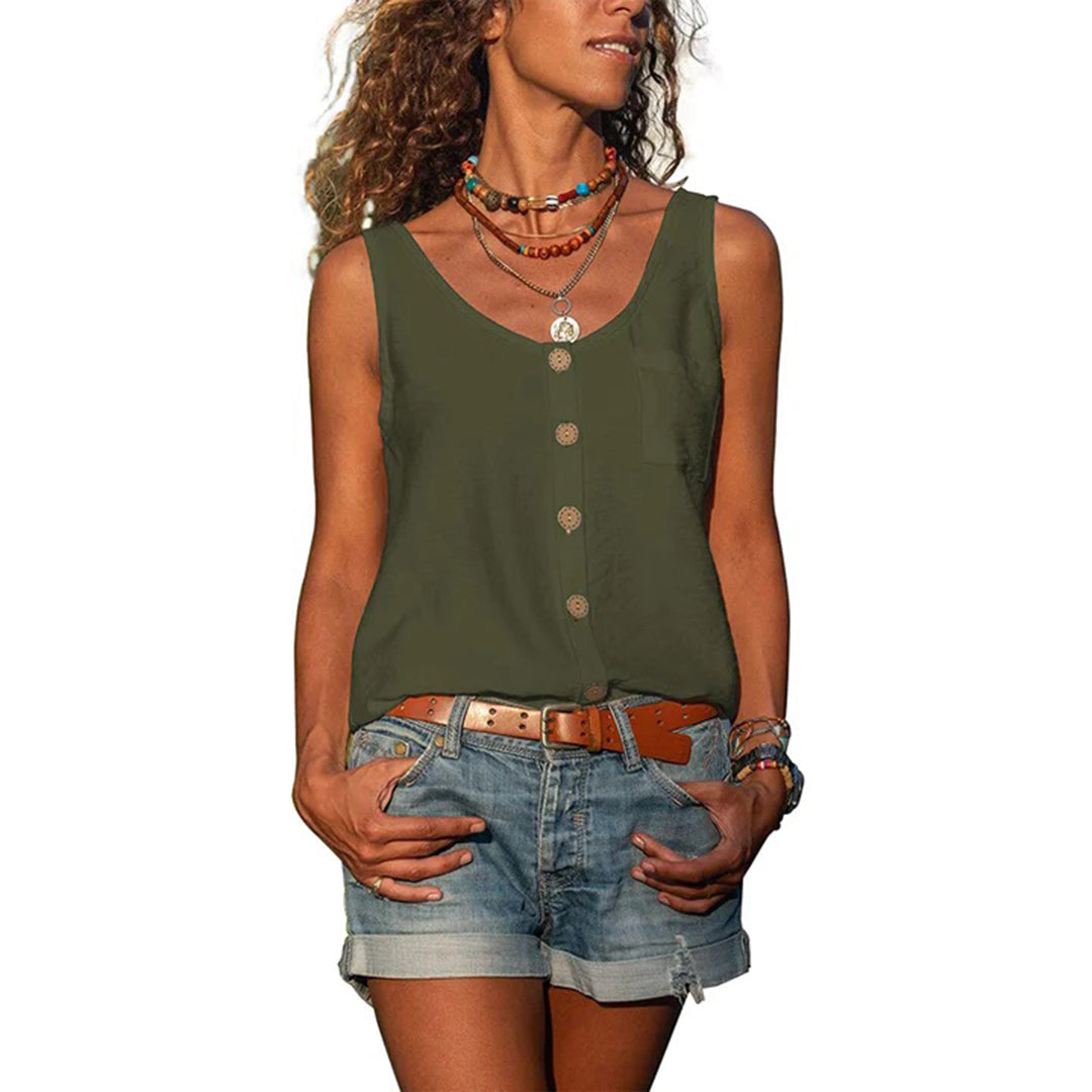 Effortless Button Front Blouse for Women with Scoop Neck Sleeveless Relaxed Pocket Tank Style