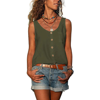 Effortless Button Front Blouse for Women with Scoop Neck Sleeveless Relaxed Pocket Tank Style