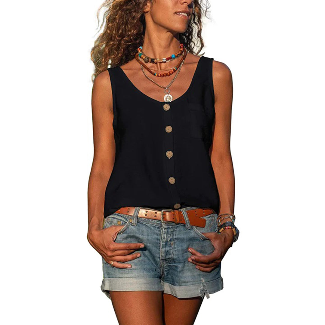 Effortless Button Front Blouse for Women with Scoop Neck Sleeveless Relaxed Pocket Tank Style