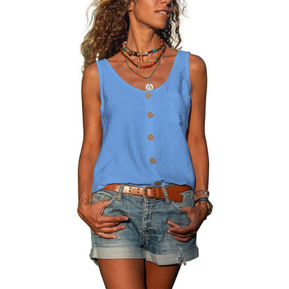 Effortless Button Front Blouse for Women with Scoop Neck Sleeveless Relaxed Pocket Tank Style