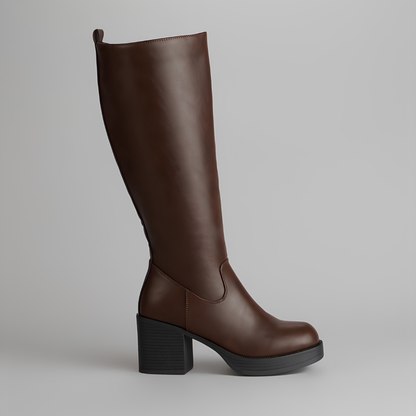 Elegant Knee High Boots for Women with Round Toe Side Zip Block Heel Leather Look Style