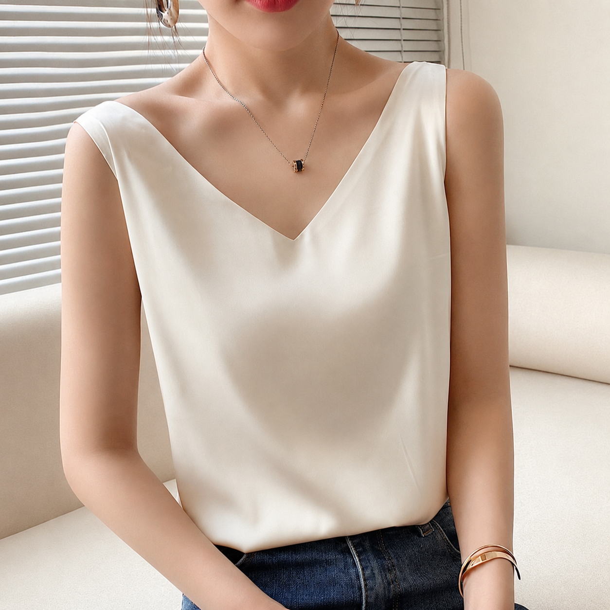 Effortless Satin Blouse for Women with V Neck Sleeveless Flowing Tank Style