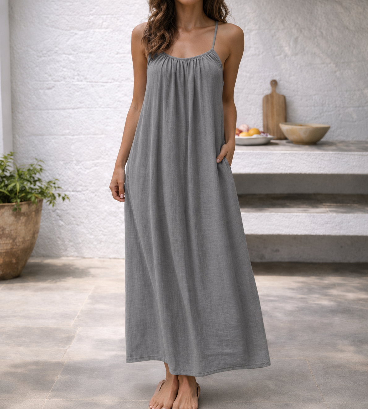 Effortless Linen Maxi Dress for Women with Scoop Neck Spaghetti Strap Flowy A Line Style
