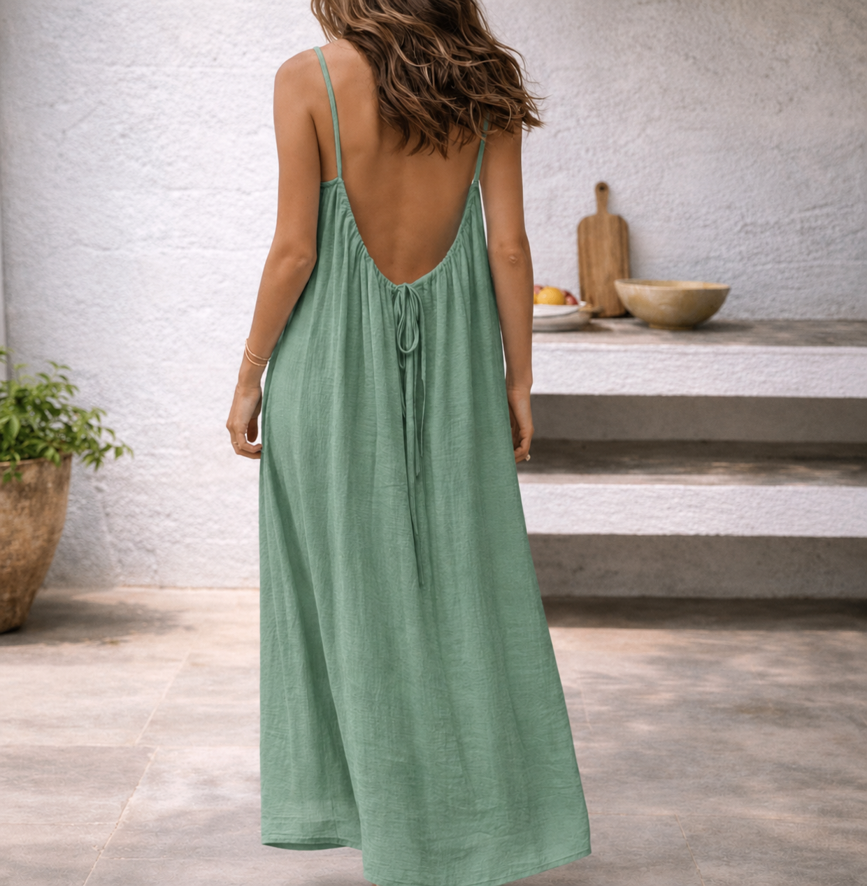 Effortless Linen Maxi Dress for Women with Scoop Neck Spaghetti Strap Flowy A Line Style