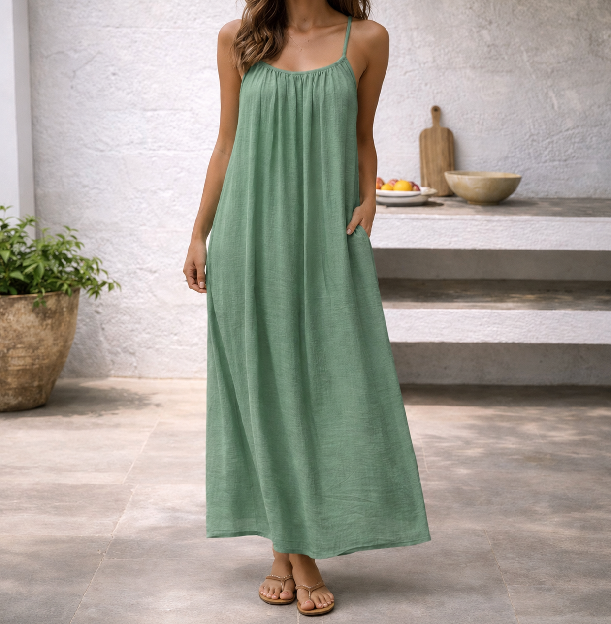Effortless Linen Maxi Dress for Women with Scoop Neck Spaghetti Strap Flowy A Line Style