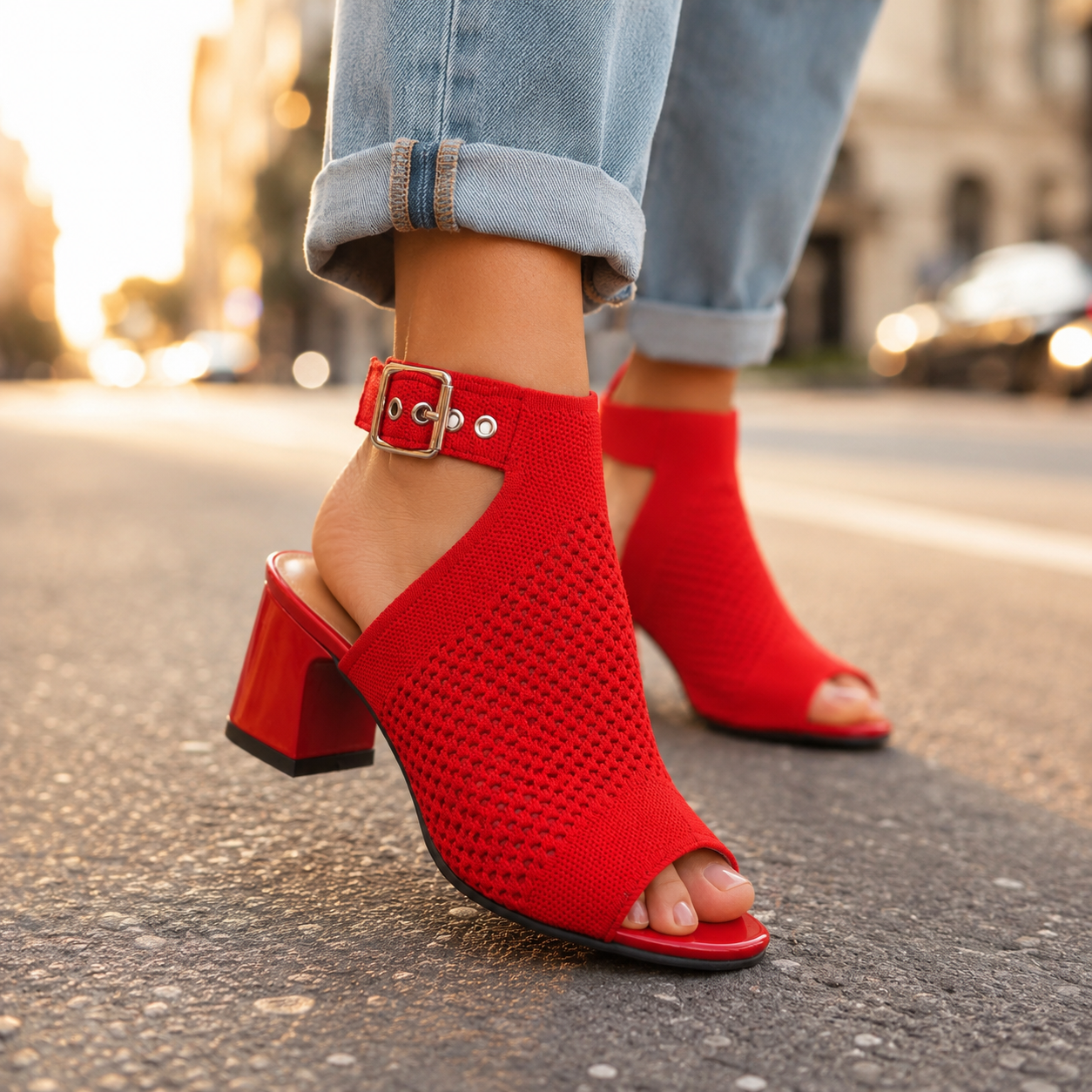 Stylish Knit Block Heel Sandal for Women with Peep Toe Buckle Ankle Strap Casual Style