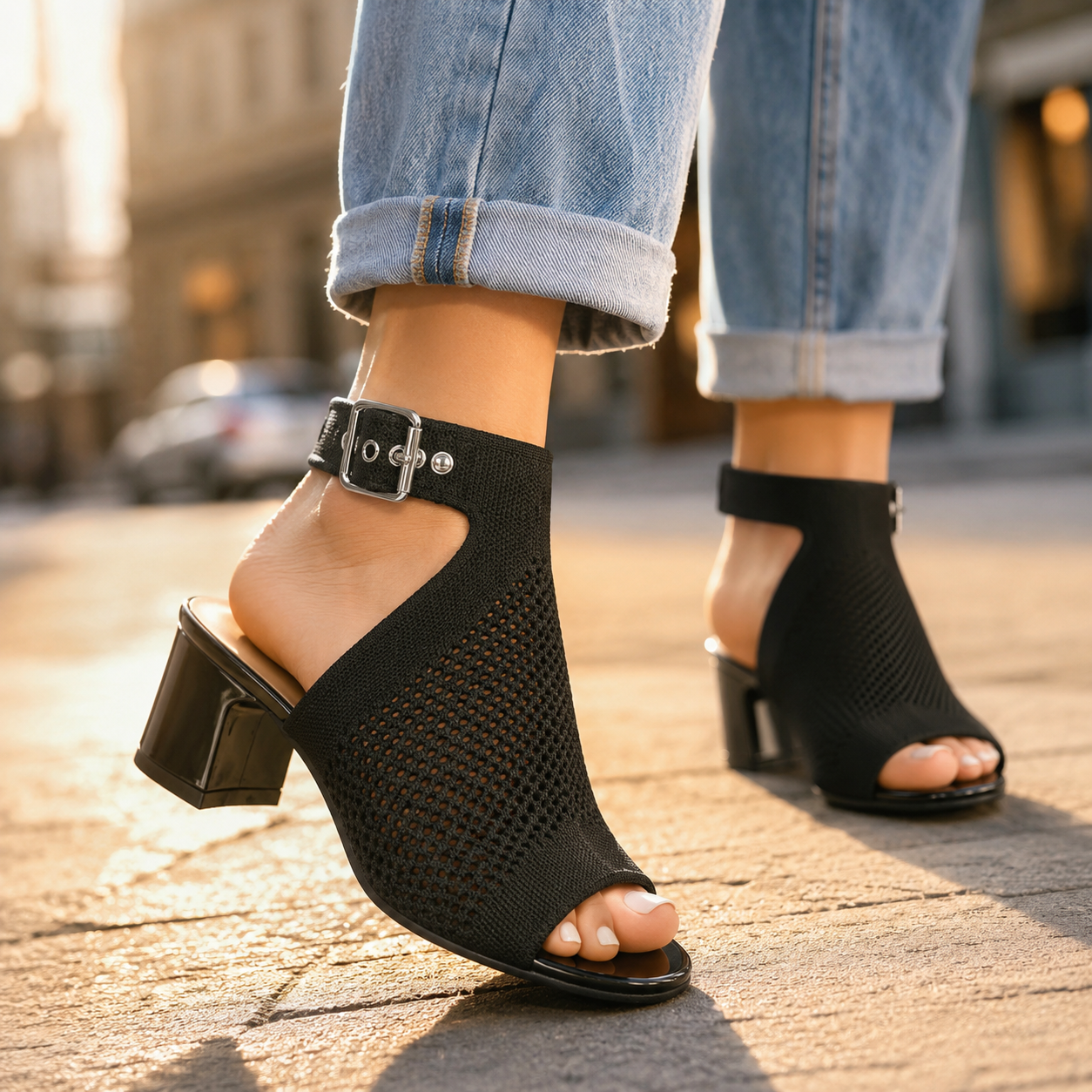 Stylish Knit Block Heel Sandal for Women with Peep Toe Buckle Ankle Strap Casual Style