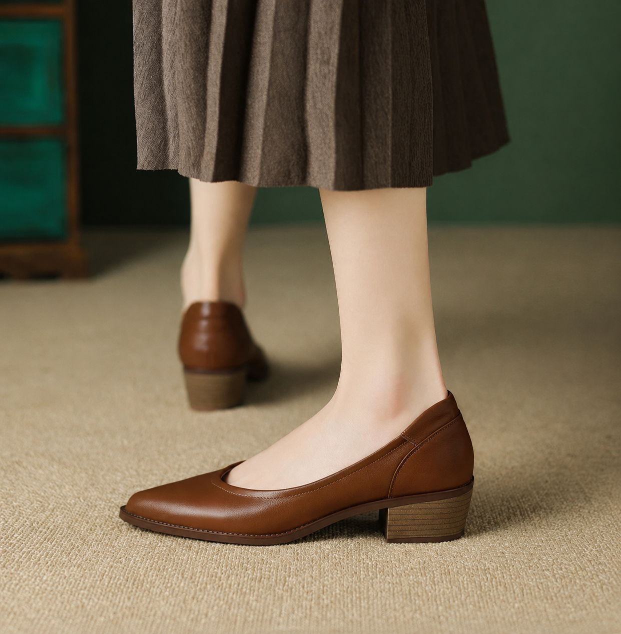 Elegant Leather Pointed Toe Pump for Women with Chunky Block Heel Slip On Casual Style