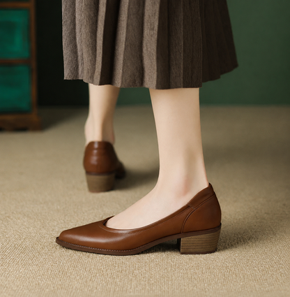 Elegant Leather Pointed Toe Pump for Women with Chunky Block Heel Slip On Casual Style