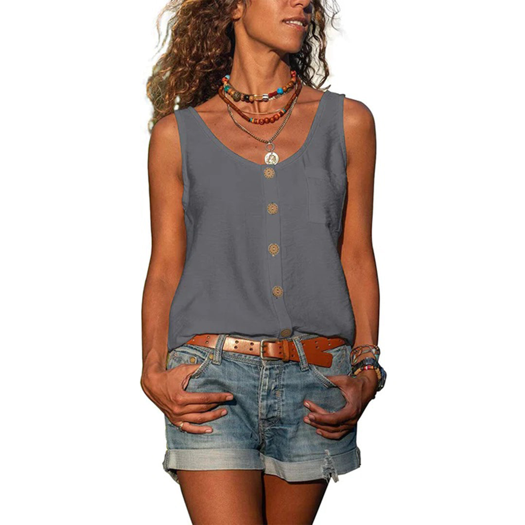 Effortless Button Front Blouse for Women with Scoop Neck Sleeveless Relaxed Pocket Tank Style
