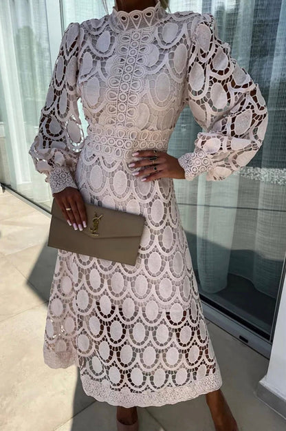 Elegant Lace Midi Dress for Women with High Neck Long Sleeve Crochet A Line Formal Cocktail Style