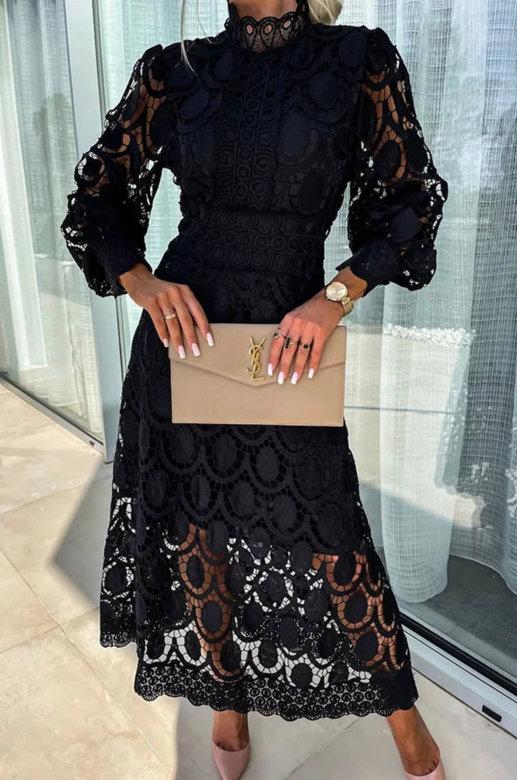 Elegant Lace Midi Dress for Women with High Neck Long Sleeve Crochet A Line Formal Cocktail Style