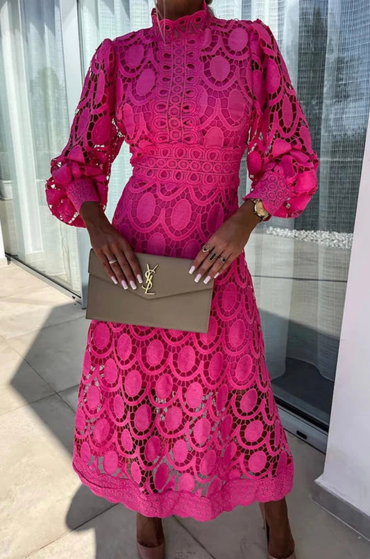 Elegant Lace Midi Dress for Women with High Neck Long Sleeve Crochet A Line Formal Cocktail Style
