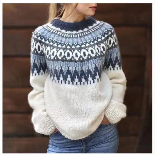 Comfortable Fair Isle Sweater for Women with Crew Neck Long Sleeve Relaxed Oversized Knit Style