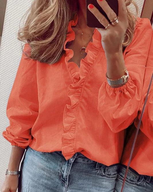 Effortless Ruffle Trim Blouse for Women with V Neck Long Sleeve Balloon Cuff Casual Style