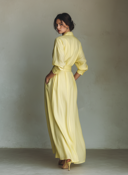 Elegant Yellow Linen Maxi Dress for Women with Collar Neck Elbow Sleeve Wrap Tie Waist Flowing Style