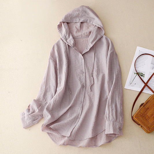 Effortless Linen Hooded Shirt for Women with Drawstring Hood Long Sleeve Button Front Relaxed Style