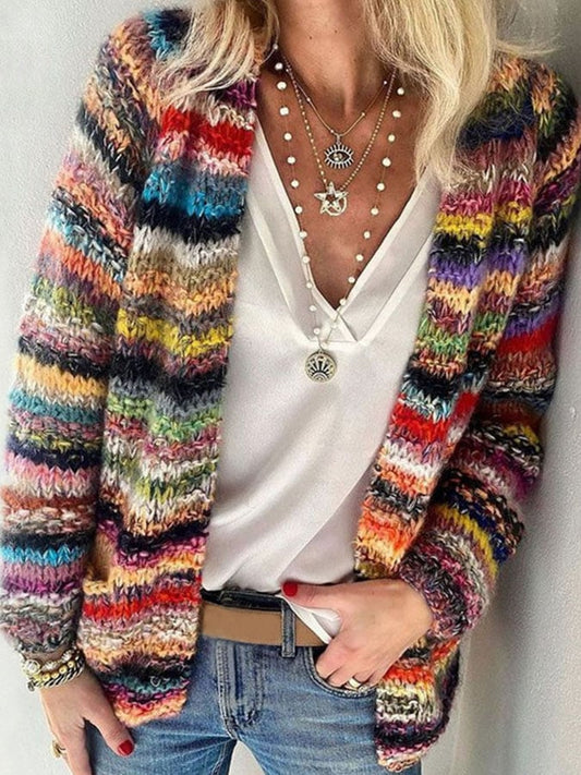 Comfortable Striped Knit Cardigan for Women with Open Front Long Sleeve Oversized Boho Style