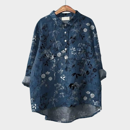 Effortless Floral Linen Blouse for Women with Collar Long Sleeve High Low Relaxed Casual Style