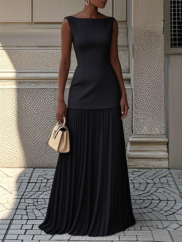Elegant Pleated Maxi Dress for Women with Boat Neck Sleeveless Fitted Bodice Flowing Formal Style