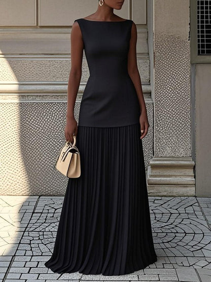 Elegant Pleated Maxi Dress for Women with Boat Neck Sleeveless Fitted Bodice Flowing Formal Style