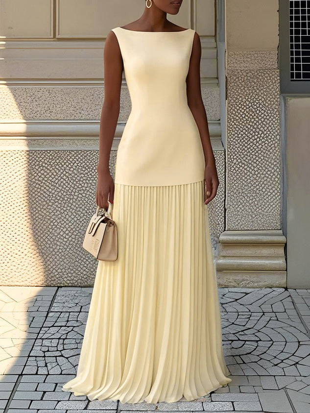Elegant Pleated Maxi Dress for Women with Boat Neck Sleeveless Fitted Bodice Flowing Formal Style