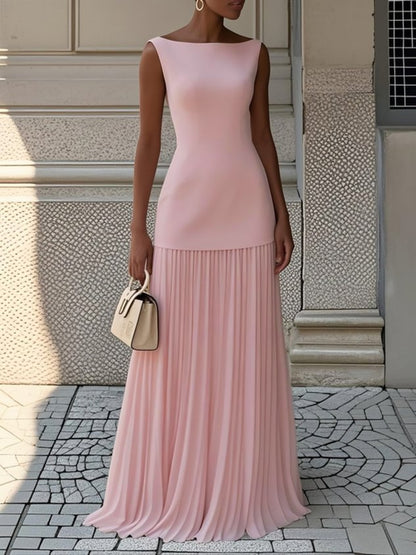 Elegant Pleated Maxi Dress for Women with Boat Neck Sleeveless Fitted Bodice Flowing Formal Style