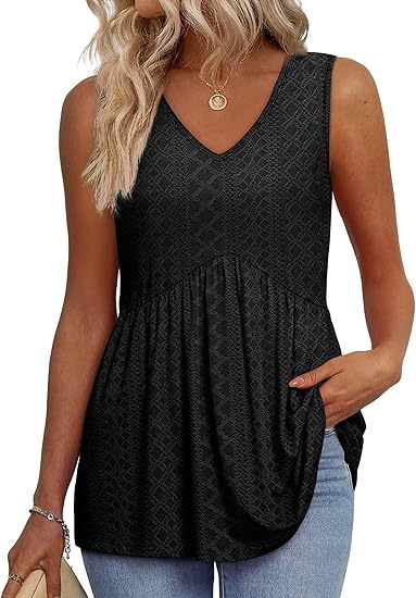 Effortless Textured Peplum Tank for Women with V Neck Sleeveless Pleated Flowy Casual Style