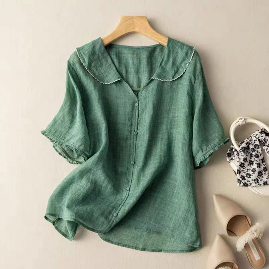 Effortless Linen Blouse for Women with Peter Pan Collar Ruffle Sleeve Button Front Relaxed Style