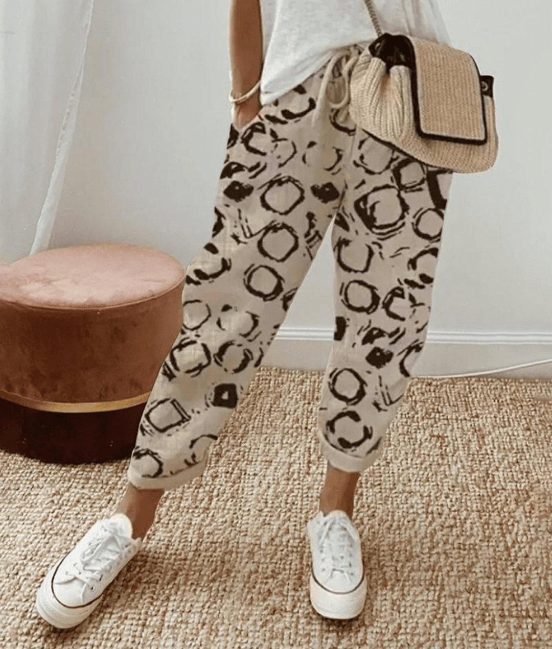 Effortless Printed Jogger Pants for Women with High Waist Drawstring Tapered Cuffed Casual Style