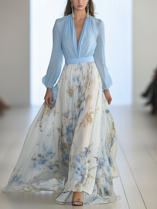 Elegant Blue Floral Maxi Dress for Women with Plunging V Neck Bishop Sleeve Flowing Bohemian Style