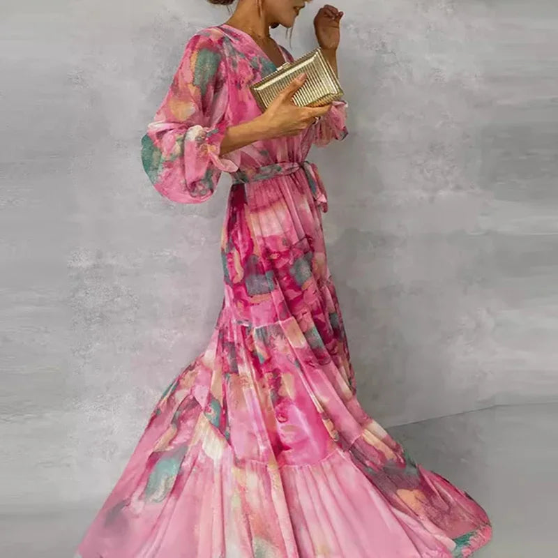 Effortless Pink Tie Dye Maxi Dress for Women with V Neck Long Sleeve Wrap Tiered Ruffle Bohemian Style