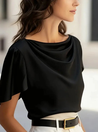 Elegant Draped Blouse for Women with Cowl Neck Flutter Sleeve Relaxed Silky Style