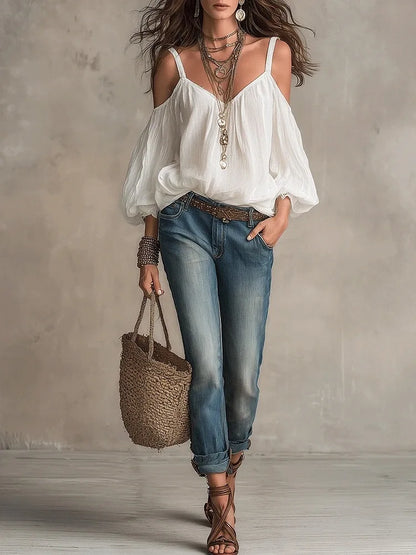 Effortless Cotton Blouse for Women with V Neck Cold Shoulder Balloon Sleeve Bohemian Style