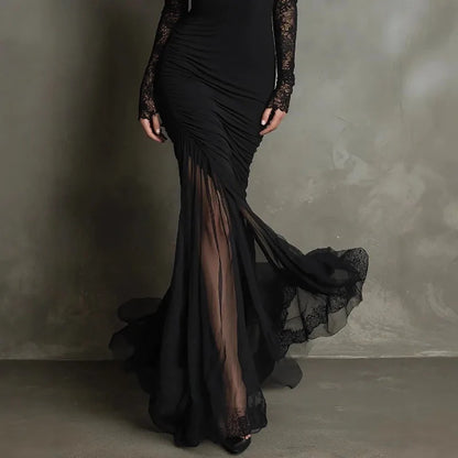 Elegant Black Lace Mermaid Maxi Dress for Women with V Neck Long Sleeve Ruched Sheer Train Style