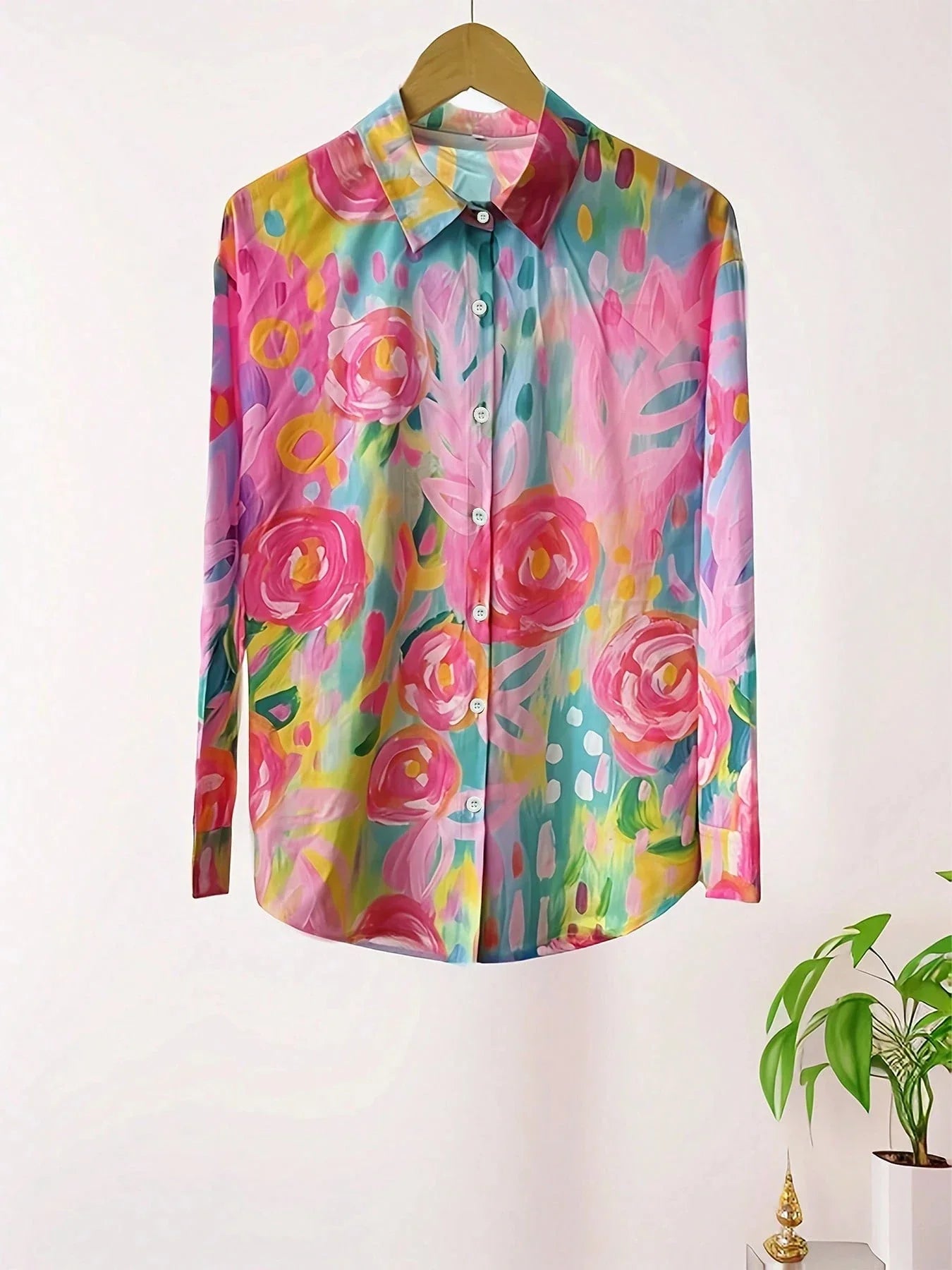 Effortless Watercolor Floral Blouse for Women with Collar Long Sleeve Button Front Relaxed Style