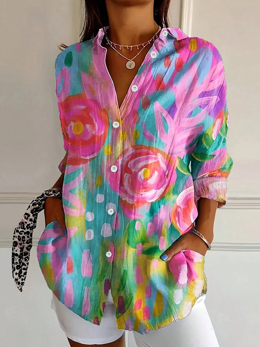 Effortless Floral Print Blouse for Women with Collar Long Sleeve Button Front Relaxed Style