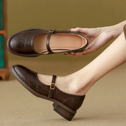 Elegant Leather Mary Jane Flats for Women with Round Toe Buckle Strap Block Heel Vintage Style