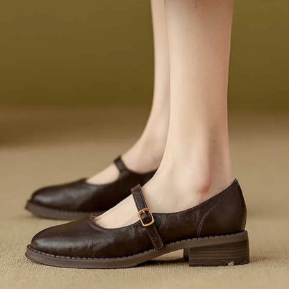 Elegant Leather Mary Jane Flats for Women with Round Toe Buckle Strap Block Heel Vintage Style