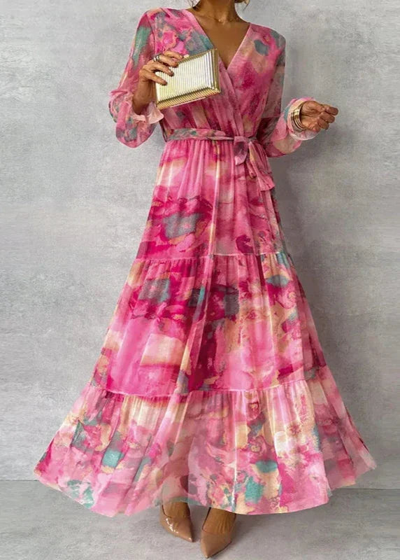 Effortless Pink Tie Dye Maxi Dress for Women with V Neck Long Sleeve Wrap Tiered Ruffle Bohemian Style