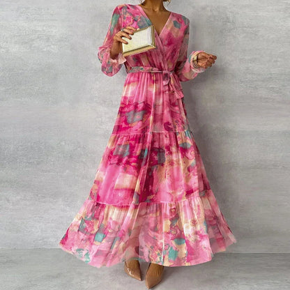 Effortless Pink Tie Dye Maxi Dress for Women with V Neck Long Sleeve Wrap Tiered Ruffle Bohemian Style