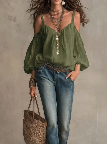 Effortless Cotton Blouse for Women with V Neck Cold Shoulder Balloon Sleeve Bohemian Style