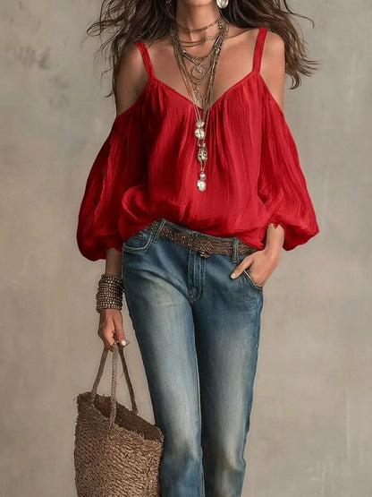 Effortless Cotton Blouse for Women with V Neck Cold Shoulder Balloon Sleeve Bohemian Style