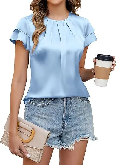 Elegant Satin Blouse for Women with Pleated Round Neck Flutter Sleeve Relaxed Silky Style