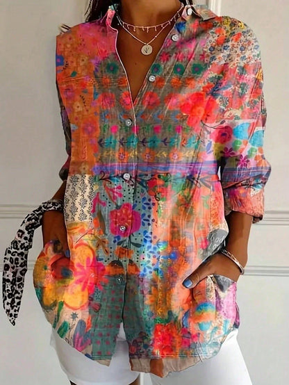 Effortless Watercolor Floral Blouse for Women with Collar Long Sleeve Button Front Relaxed Style